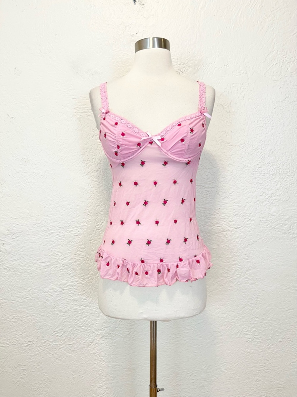 Vintage Rampage Bra Top Pink Mesh Floral Ruffle Medium M